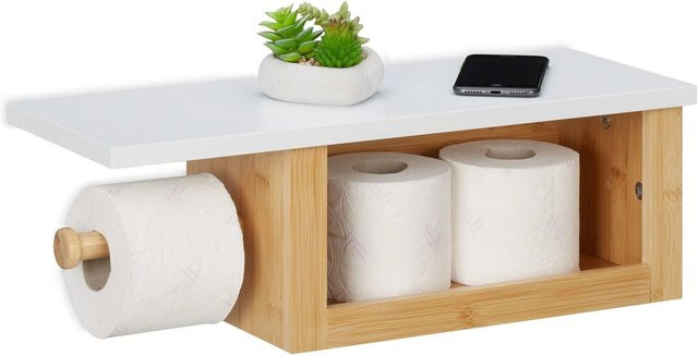 Relaxdays Toilettenpapierhalter aus Bambus mit Ablage in Natur und Weiß, B/T/H: 50 x 18 x 17 cm - Bild 1