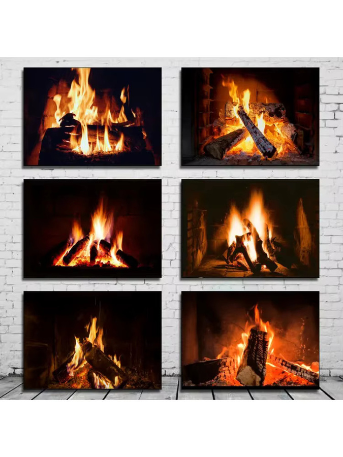 Potdemiel Leinwandmalerei Retro abstrakte Kamin Holz Flamme Feuer Kunstbilder Wanddekoration Mehrfarbig - Bild 2