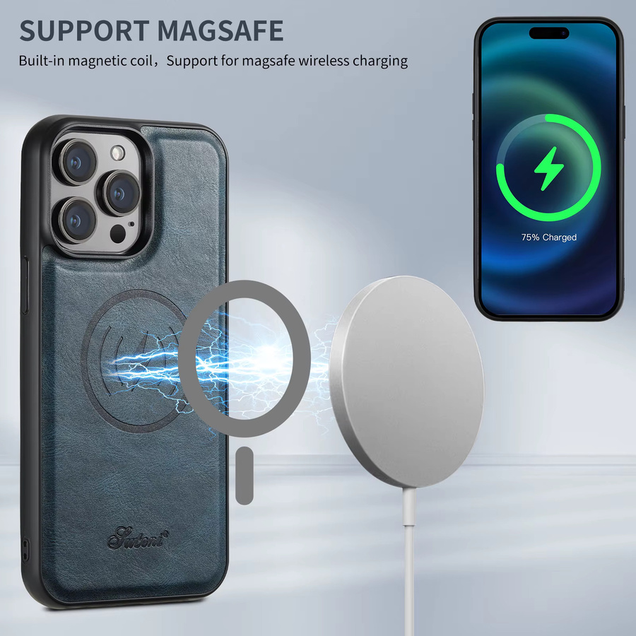 SUTENI Magnetische Leder-Brieftasche Handyhülle mit Kartensteckplatz für iPhone 17 16 15 14 13 12 Pro Max Plus in Blau - Bild 2