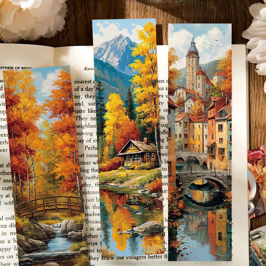 30 Stück Retro Herbst Lesezeichen Set aus Papier mit Berg Dorf Fluss und goldenem Ahornblatt in Gold und Multicolour - Bild 3