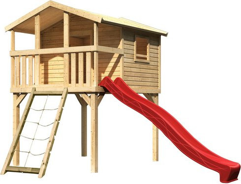 Karibu Spielturm Benjamin Stelzenhaus Naturbelassen mit Leiter, Netzrampe und Rutsche in Natur-Braun, B/H/T: 225 x 309 x 250 cm - Bild 3