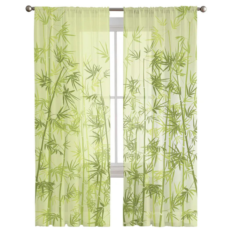 Transparenter Tüll-Vorhang mit grünem Bambusblatt-Design von A Family Of Home Textiles, B x H: 135 x 160 cm - Bild 2