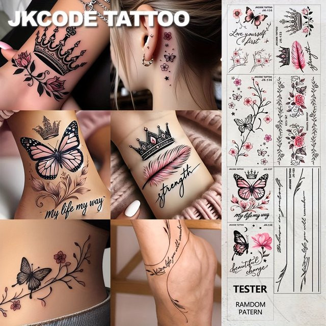 JKCODE TATTOO Temporäre Tattoos Pinky Rose Butterfly, 8 Stück, bunt - Bild 1