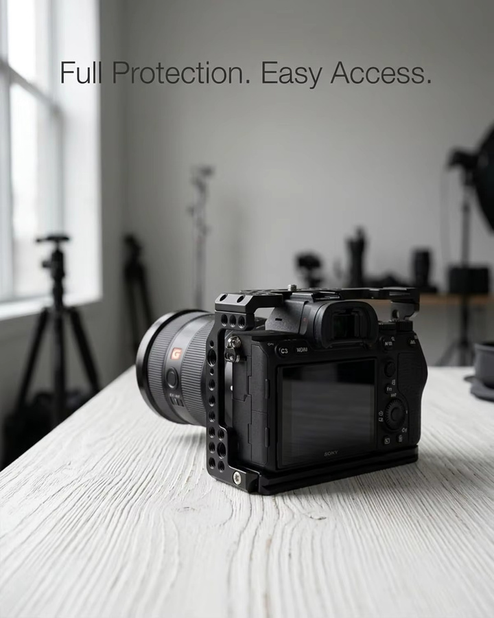 SOARSHOT Kamerakäfig für Sony A7S III, A7 IV, A1, A7R IV und A7R V aus CNC Aluminium in Schwarz mit 1/4 und 3/8 Gewinden sowie Cold Shoe und ARRI Anschluss - Bild 3