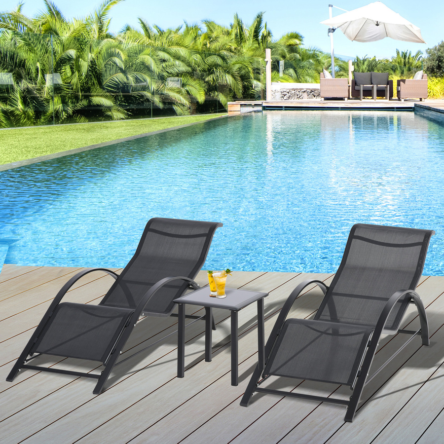OUTSUNNY Sonnenliege mit Tisch 3er-Set in Schwarz aus Metall und atmungsaktivem Textilene für Garten, Balkon und Terrasse - Bild 2