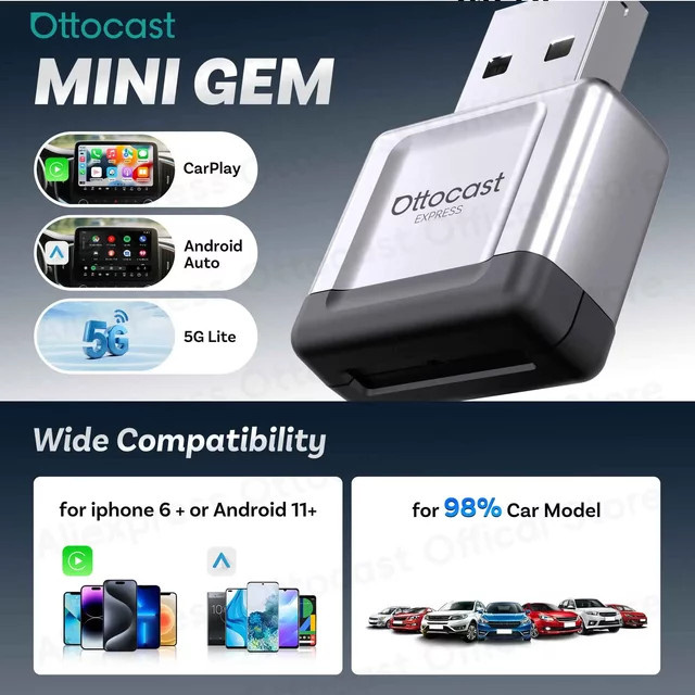 Ottocast Express Mini Gem Cube 3.0 Adapter für kabelloses CarPlay und Android Auto USB-Dongle - Bild 1