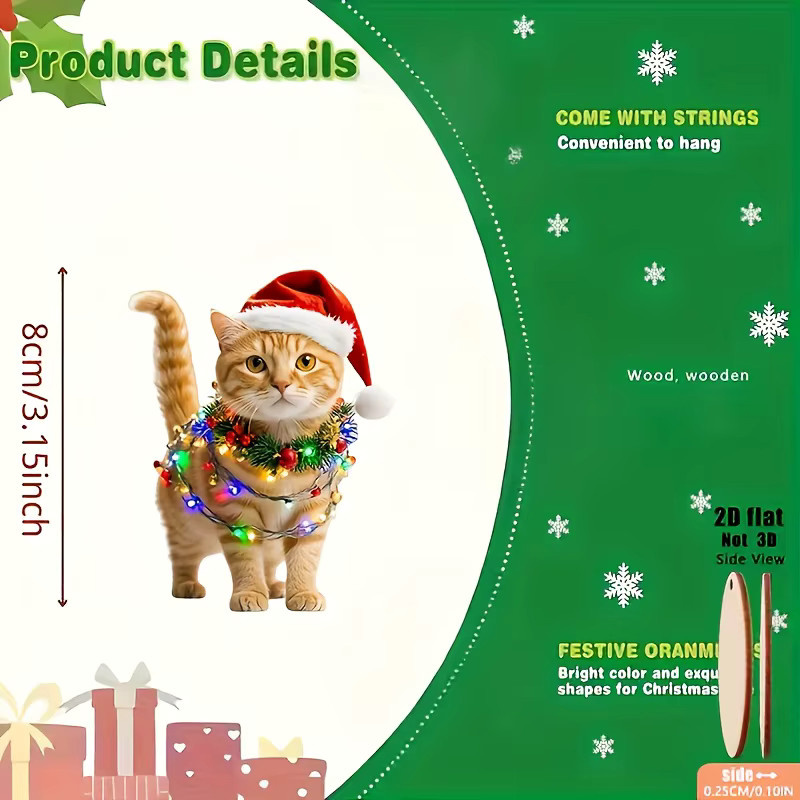 8 Stück DUTRIEUX Weihnachts-Holzornamente in Form von orangefarbenen Katzen, 2D flach im klassischen Stil - Bild 6