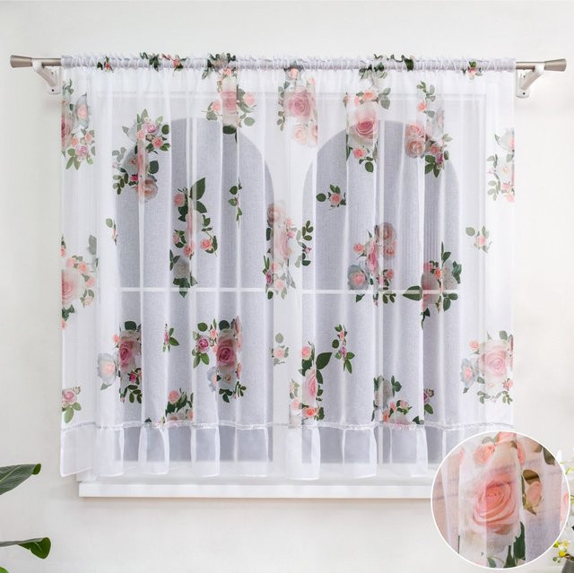 FLYINGCURTAINS Transparenter Vorhang mit Vintage Blumenmuster und Silberfaden-Saum in Weiß/Transparent, B/H: 150 x 100 cm - Bild 1