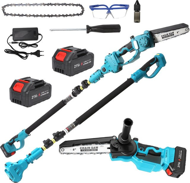 OWJHE 2-in-1 Akku-Holzsäge und Mini-Kettensäge mit 8 Zoll Schachtel, inklusive 2 Akkus und Verlängerungsstange als Astschere und Baumschneidemaschine, Blau - Bild 1