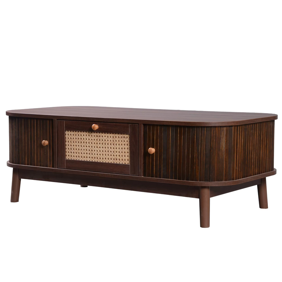 Svintora Rattan-Couchtisch aus Massivholz und MDF im Farmhouse-Stil mit Schubladen und Schiebetüren, Naturwalnuss, B/T/H: 110 x 55 x 38,5 cm - Bild 2