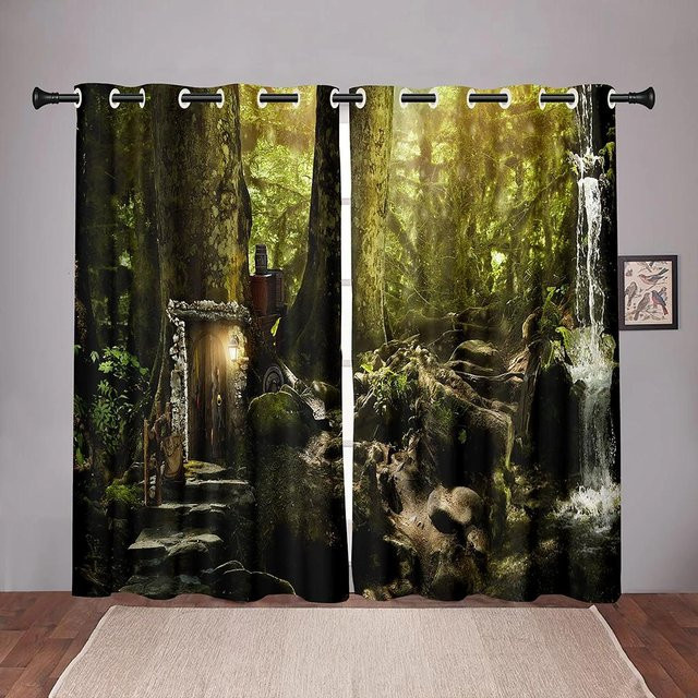 Verdunkelungsvorhänge von Yiran Furniture mit Naturwald- und Blattmuster in Grün, B: 55 cm, H: 120 cm - Bild 1
