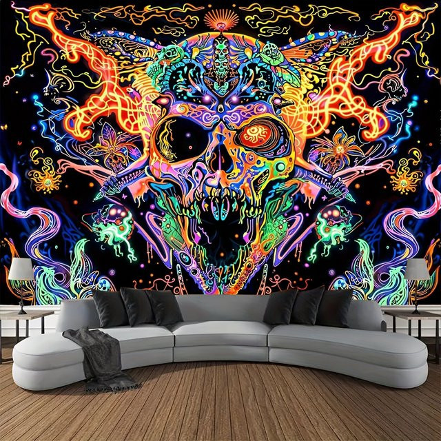 VIKAMA Wandteppich mit psychedelischem Totenkopf, Flammen, Schmetterlingen und floralen Mustern, Mehrfarbig, B/H: 60 x 40 cm - Bild 1