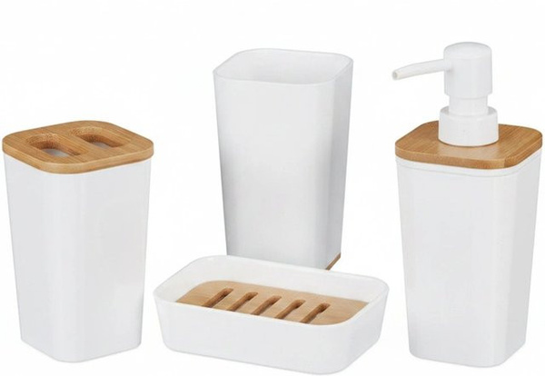Relaxdays Badaccessoires Set aus Kunststoff und Bambus in Weiß, 4-teilig mit Seifenspender, Zahnbürstenhalter, Becher und Seifenschale, B/T/H: 17,5 x 7 x 7 cm