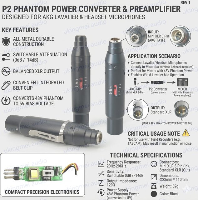 HTDZ 48V Phantom Netzteil für XLR 3-Pin und Shure 4-Pin Lavalier Headset Mikrofone, Schwarz - Bild 1