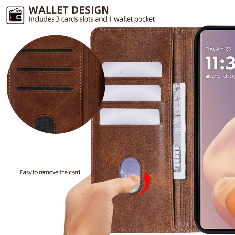 Magnetische Leder-Brieftasche mit Kartenfächern als Flip-Etui für Motorola E14 G64 G64Y G85 G54 Moto G Power G Play G 5G 2024 in Schwarz und Braun - Bild 2