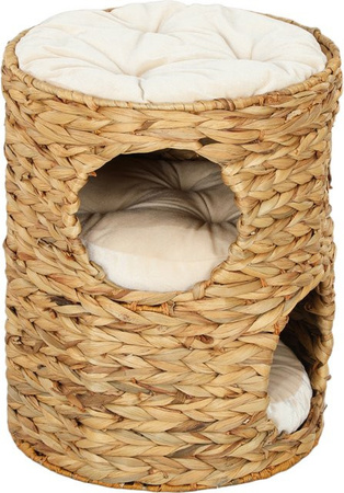 PawHut Kratztonne aus Wasserhyazinthe mit 2 Höhlen und Kissen, Hellbraun, Höhe: 50 cm