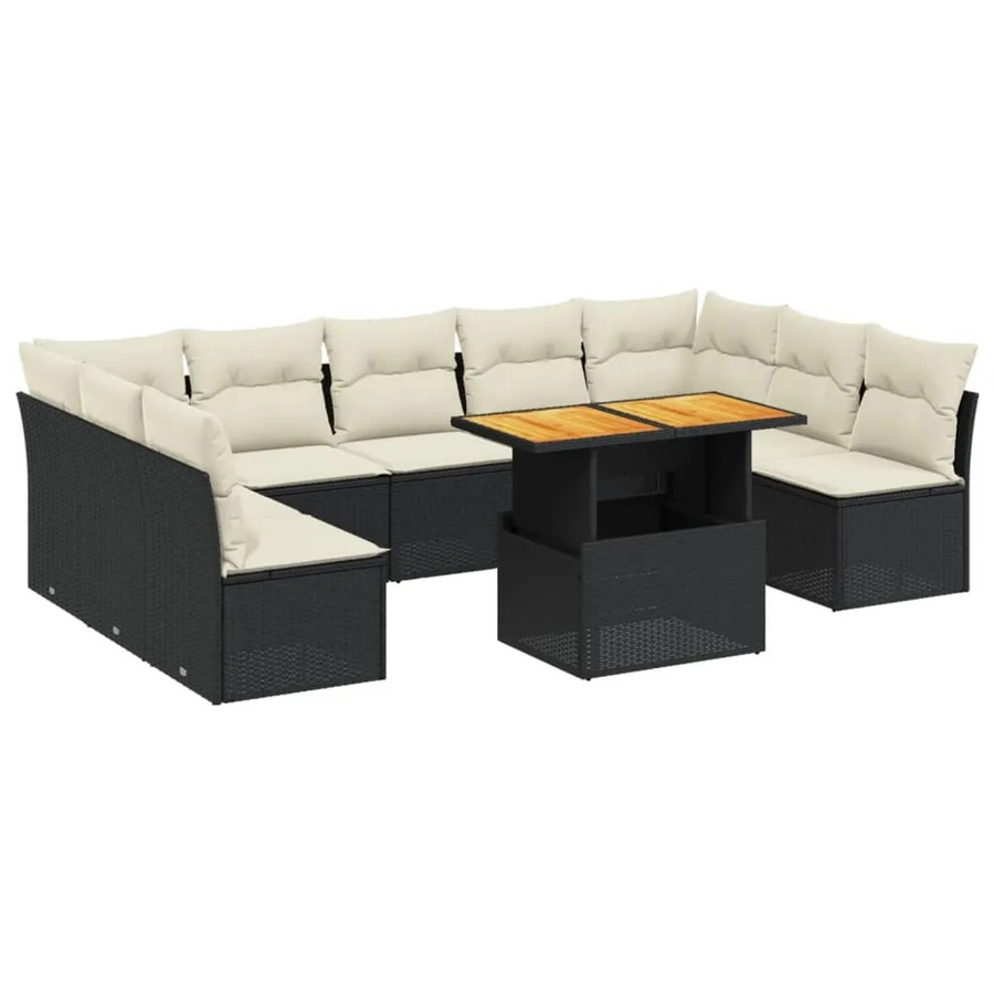 vidaXL 10-tlg. Garten-Sofagarnitur in L-Form aus Polyrattan und Akazienholz mit Kissen, Schwarz-creme - Bild 2