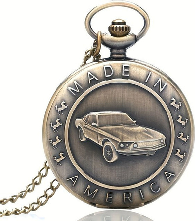 RUNERR Mustang Auto Taschenuhr aus Metall in Gold mit Vintage-Design und rundem Gehäuse