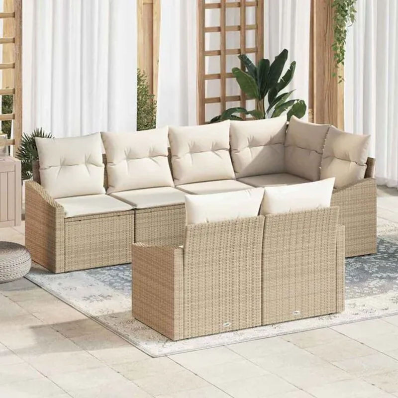 vidaXL Garten Essgruppe aus Polyrattan mit 7-teiligem Set und Kissen in Beige und Creme mit integriertem Speicher - Bild 1