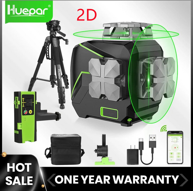 Huepar 2D Kreuzlinien-Laser mit Osram grünen Strahlen, 8 Linien, selbstnivellierend, horizontal und vertikal 360 Grad, inklusive Laser-Empfänger, Schwarz/Grün - Bild 1