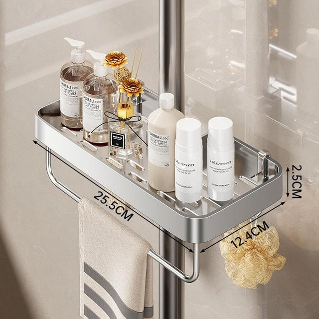 Duschregal für die Badezimmer-Regen-Duschstange ohne Bohren aus Edelstahl und Aluminium in Silber mit Drainage zur Aufbewahrung von Shampoo und Duschgel - Bild 1