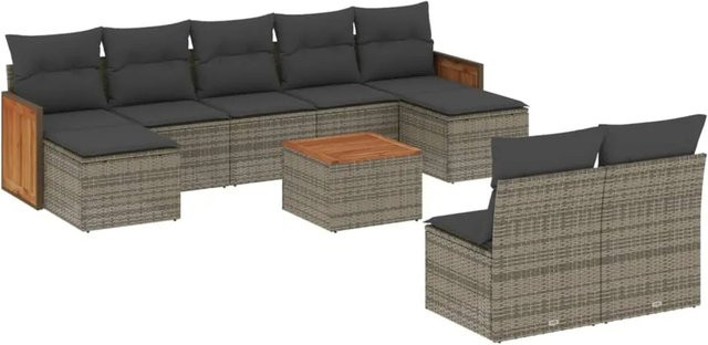 vidaXL 10-teilige Garten-Sofagarnitur aus Poly-Rattan und Akazienholz in Grau mit Kissen - Bild 1