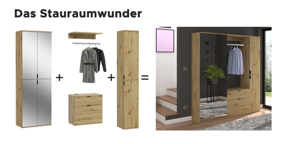Garderobe mit Spiegel und Schuhschrank Line-Up von Inn.Furn in Eiche, B: 243 cm, H: 193 cm, T: 34 cm - Bild 4