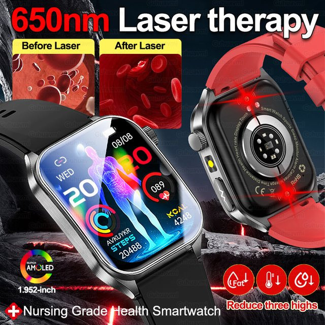GUHUAVMI Smartwatch für Männer mit 650 nm Laser-Therapie, EKG und PPG zur präzisen Überwachung von Blutdruck, Fett und Harnsäure in Schwarz oder Blau - Bild 1