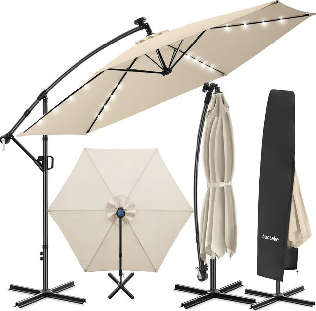 tectake Ampelschirm mit LED Solar-Beleuchtung und Schutzhülle, 360 Grad drehbar, Kurbelmechanismus, B/T/H: 350 x 350 x 350 cm - Bild 1