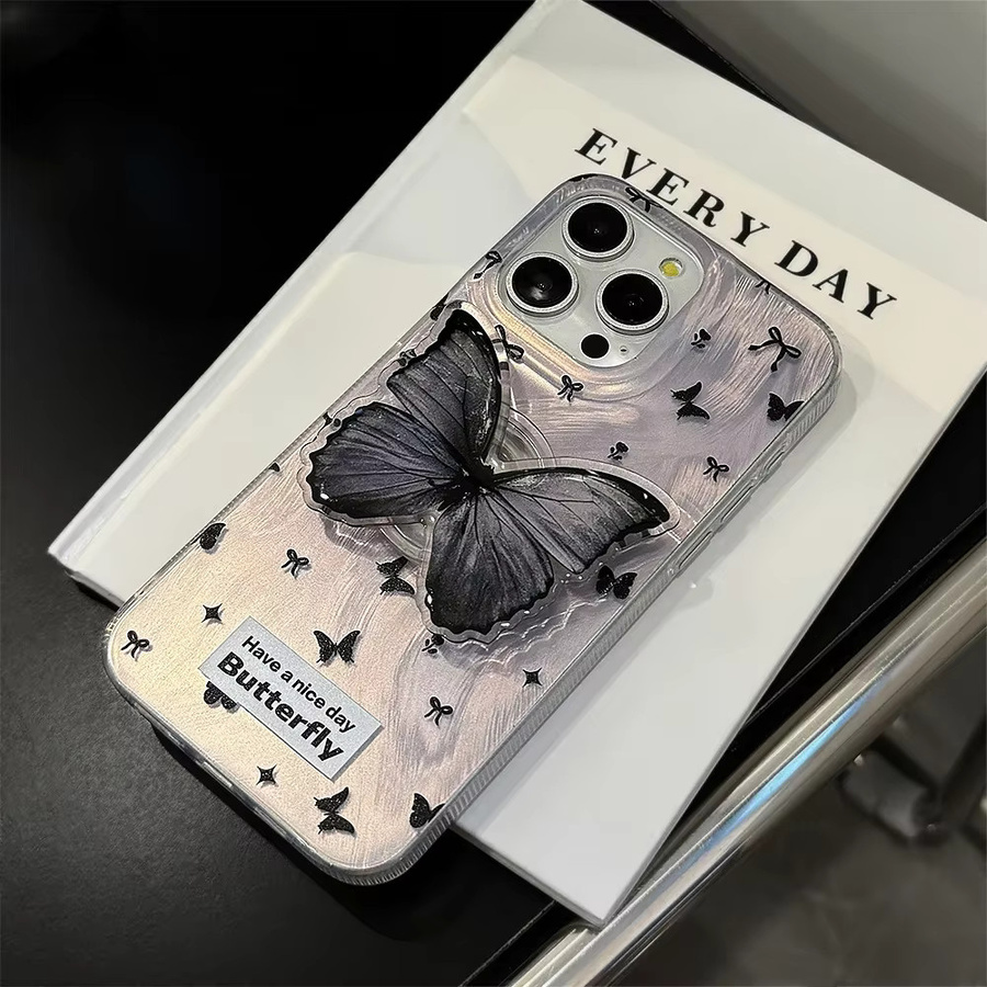 Potdemiel Schmetterlings-Handyhalterung in Schwarz mit Handgelenkkette und stoßfester Hartschale für iPhone 17, 16, 15, 14, 13, 12, 11 Pro Max - Bild 3