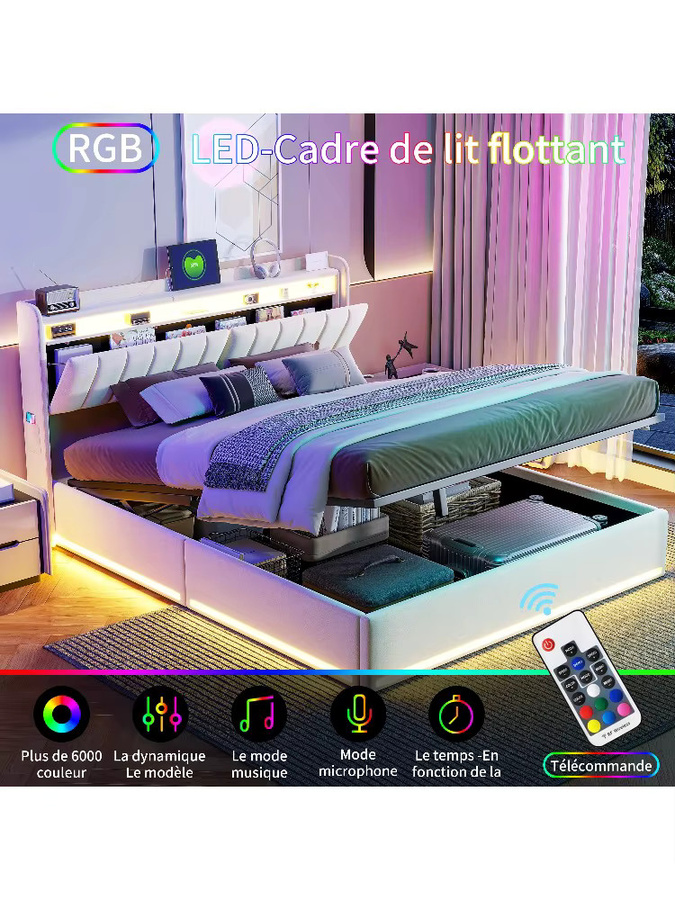 Roshanda Polsterbett mit LED, USB-Anschluss und Stauraum, Samt, Grau, B/T/H: 140 x 190 x 200 cm - Bild 4