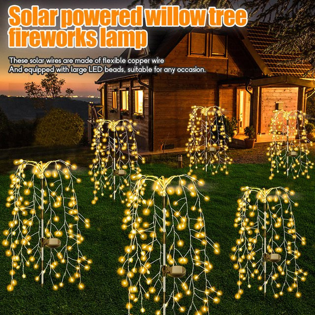 OSIDEN Solar LED Weidenbaum Feuerwerk Licht mit 200 LEDs in Gold/Messing und Warmweiß für Garten und Außenbereich - Bild 1