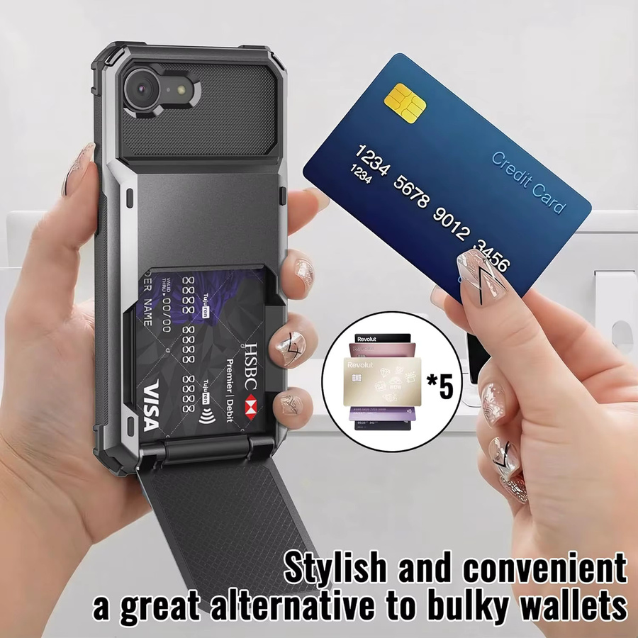 Huikai Schutzhülle für iPhone 17e und iPhone 16e mit 4 Kartenfächern, robustes Doppelschicht-Design mit Stoßfestigkeit und verstecktem Klappverschluss, Schwarz - Bild 3