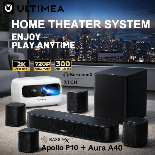 ULTIMEA Heimkinosystem mit 7.1 Soundbar, Subwoofer und 1080P Full HD Mini-Projektor, WiFi 6, Weiß - Bild 1