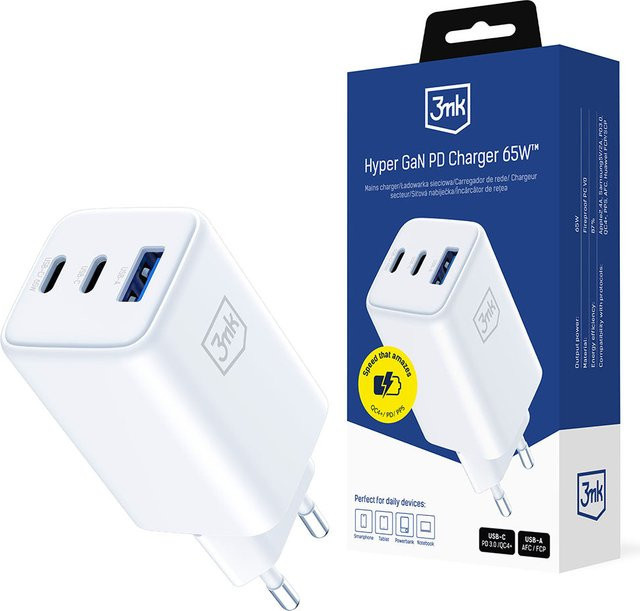 3MK Hyper Netzladegerät mit 65W, 3.25A, 1 x USB-A und 2 x USB-C, Weiß - Bild 1