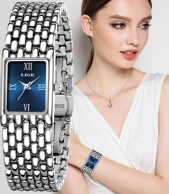 LIGE Armbanduhr Quarz, Edelstahl, Eckig, Blau, Damen - Bild 1