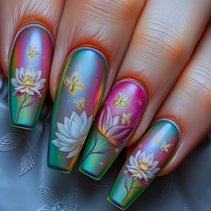Künstliche Nägel Blumen Farbverlauf, quadratisch, grün orange rot, glänzend - Bild 1