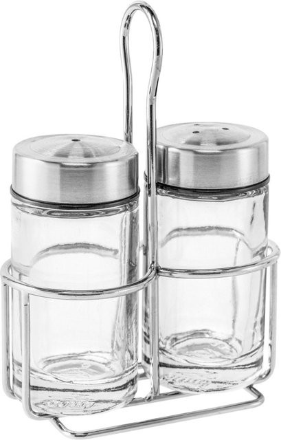 PULSIVA Salz- & Pfeffer-Menage Mella aus Glas und Edelstahl, Silber/Transparent, B: 9,0 cm, H: 13,4 cm, T: 5,4 cm - Bild 1