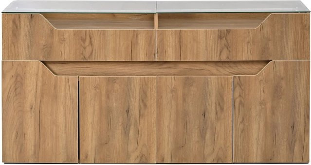 Merax Sideboard Modern in Braun mit Glasplatte und integrierter Beleuchtung, B/T/H: 140 x 40 x 70 cm - Bild 1