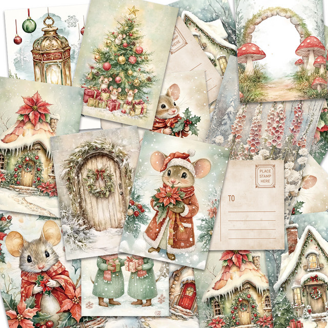 32-teiliges Weihnachtspostkarten-Set mit verschneiten Szenen und gemütlichem Kabinendesign in Mehrfarbig, aus hochwertigem Karton - Bild 1