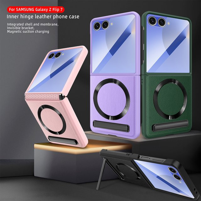 Busine Sle Magnetische Lederhülle mit Scharnierschutz und Glasfolie für Samsung Galaxy Z Flip7, Z Flip6 und Z Flip5 in Pink - Bild 1