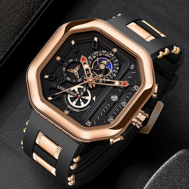 LIGE Armbanduhr Quarz, Eckig, Schwarz, Roségold, Edelstahl, Herren - Bild 1