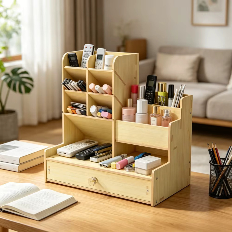 Multifunktionaler Schreibtisch-Organizer aus Holz in Braun mit mehreren Fächern für Büro und Schule - Bild 4