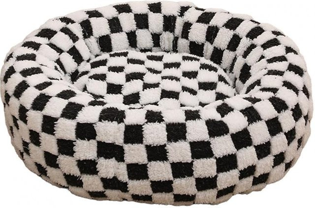 Simplistic Living Home Donut Hundebett aus Plüsch mit erhöhten Kanten und rutschfester Unterseite, schwarz-weiß kariert - Bild 1