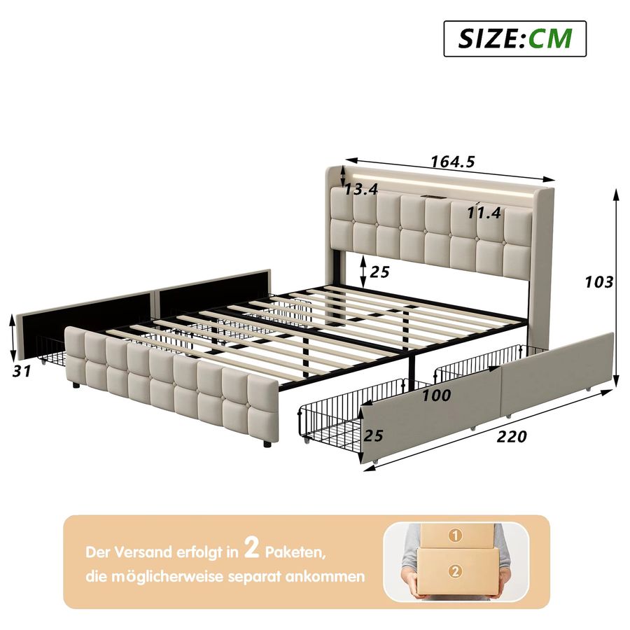 Anajqaqia Polsterbett Doppelbett mit Stauraum und 4 Schubladen, LED-Beleuchtung und USB-Ladeanschluss, Leinen, Beige, B/T/H: 160 x 200 cm - Bild 4