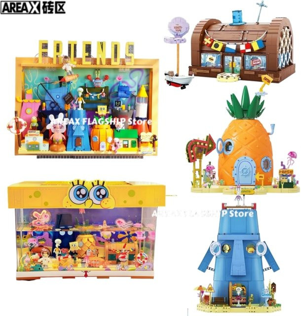 AREAX SpongeBob Schwammkopf Baustein Set mit Ananas Haus und Krossen Krabbe in Mehrfarbig - Bild 1