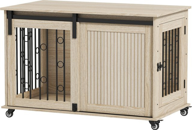 PawHut Hundekäfig von Aosom in Eiche, abschließbare Hundebox für mittelgroße und große Hunde mit Rollen, Schiebetür und Seitentür - Bild 1
