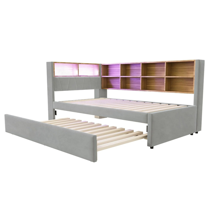 Merax Schlafsofa mit Ausziehbett und LED-Beleuchtung in Hellgrau, B/T/H: 90 x 200 x 103 cm - Bild 1
