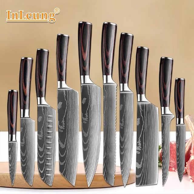 InLeung Laser-Damaszener-Muster Küchenmesser-Set mit Kochmesser, Hackbeil, Santoku, Ausbeinmesser, Brotmesser, Obstmesser und Grillmesser - Bild 1