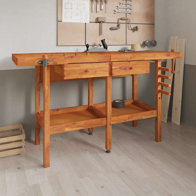 vidaXL Werkbank aus Akazienholz mit Schubladen und Schraubstöcken, Braun, B/T/H: 162 x 62 x 83 cm - Bild 2